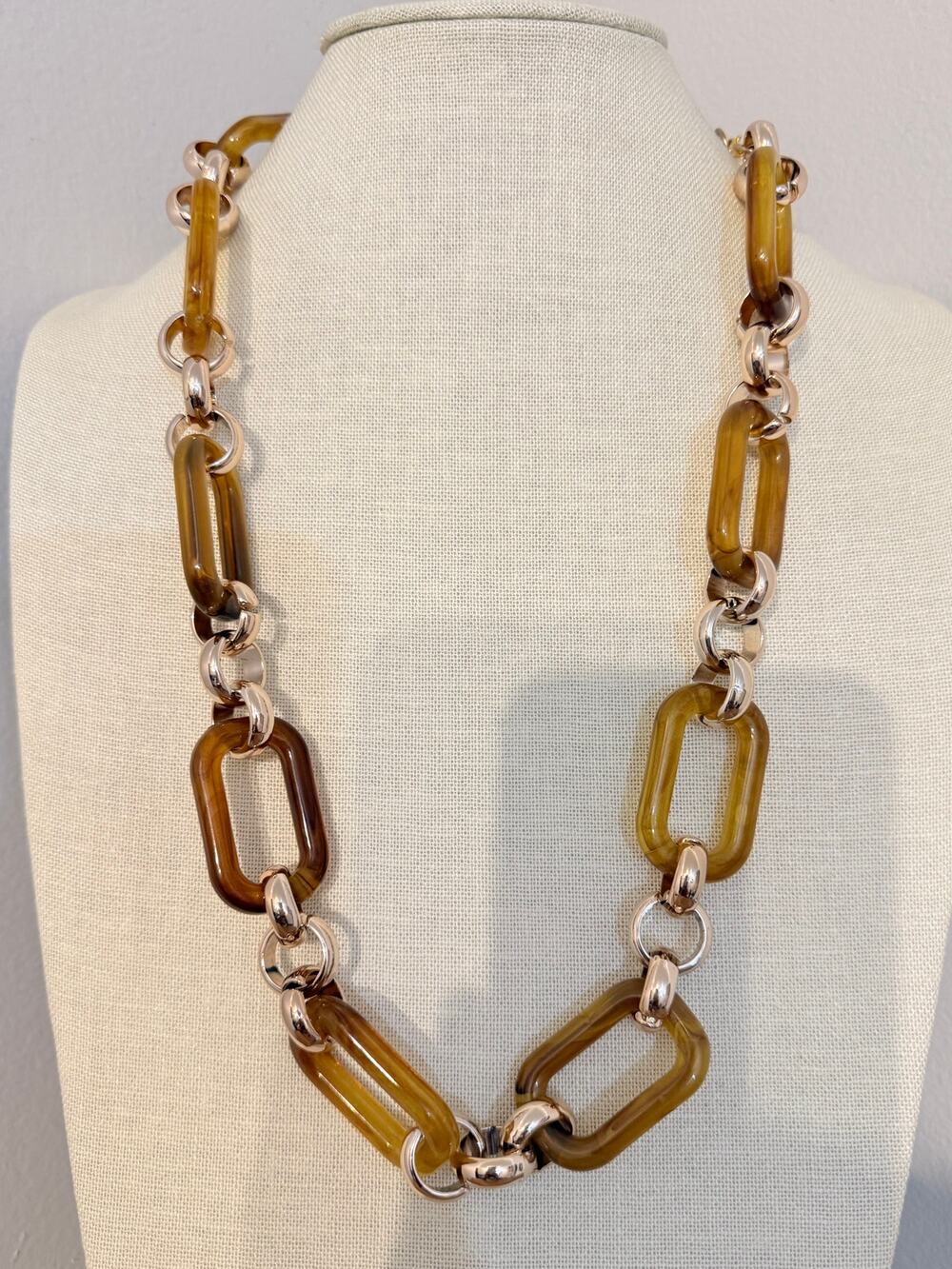 Spring Street Chunky Resin Link Necklace 26” Amber Gold Tone Chain